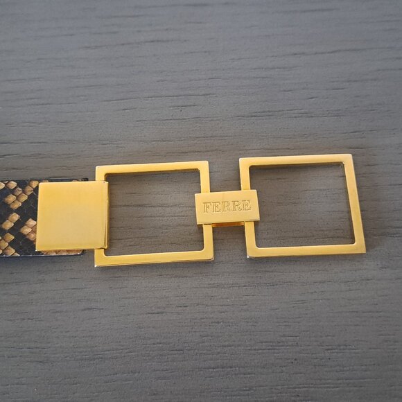 Gianfranco Ferre Italy Snakeskin Belt Unique Gold Metal Geometric Buckle VTG 90s main image 9